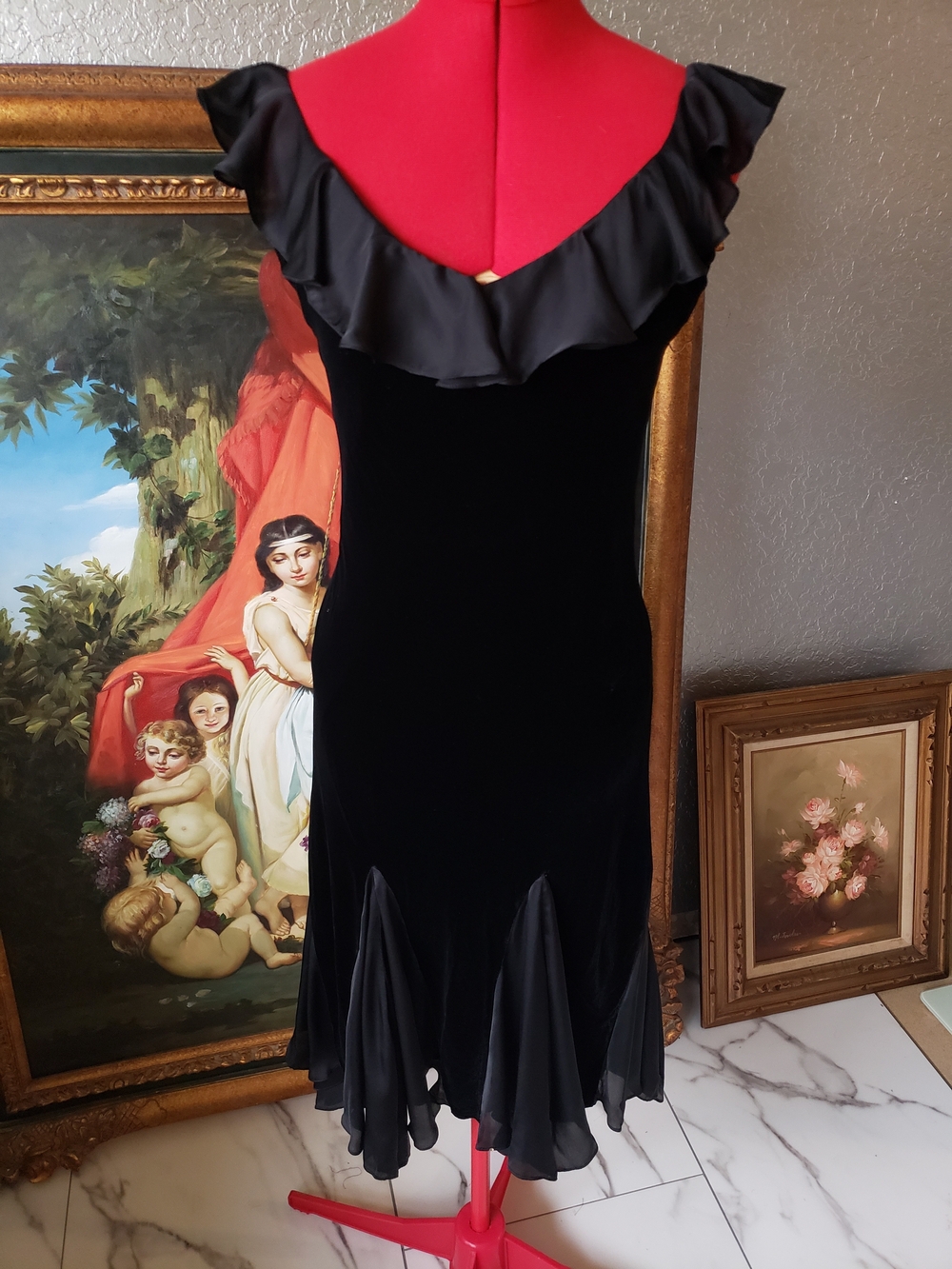 Lauren Ralph Lauren Black Velvet Midi Dress with Ruffle Neckline